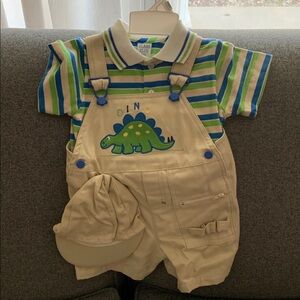 Striped rugby top w kahki overalls utility Dino Romper onesie and matching cap